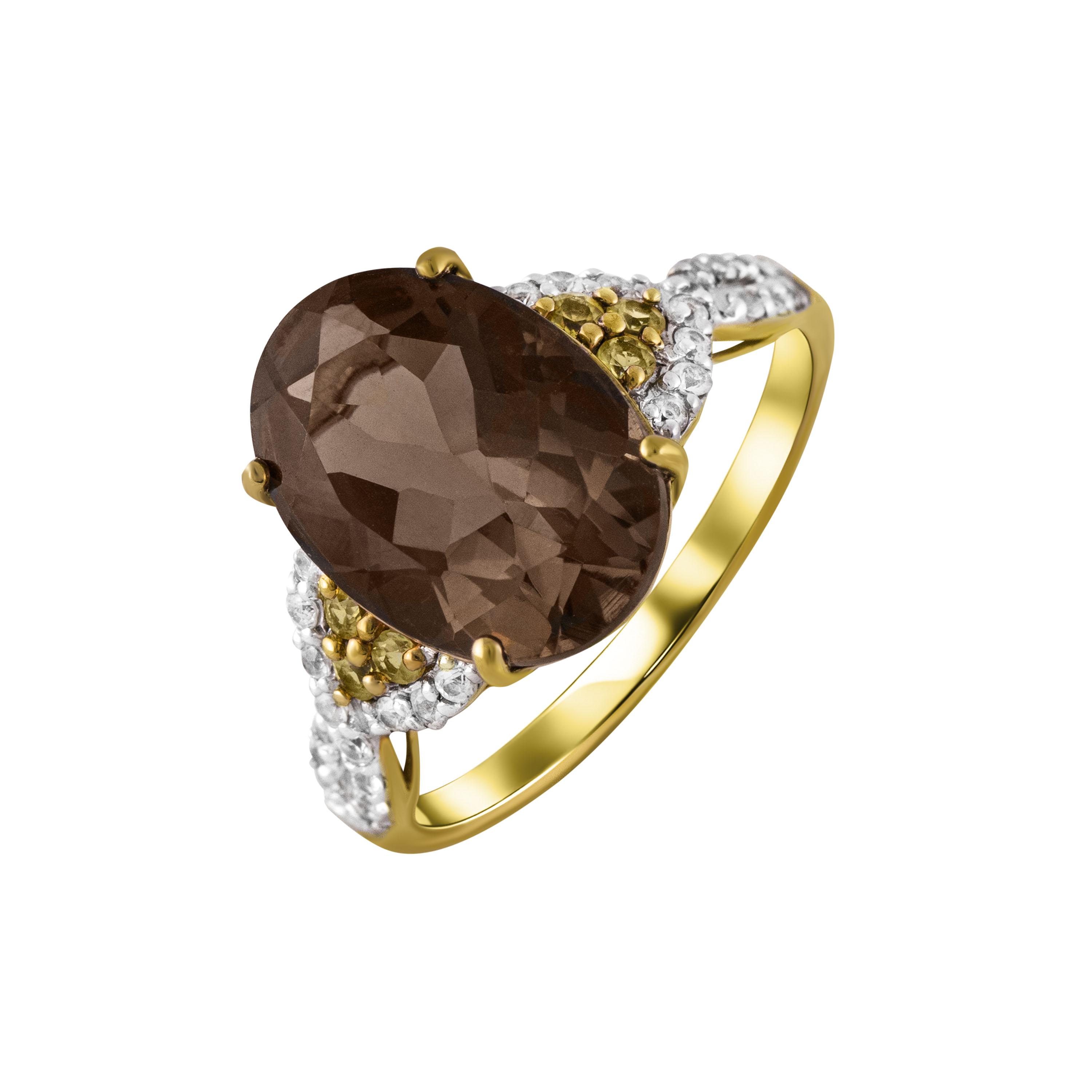 Золотое кольцо с дымчатым кварцем и сапфирами 585 пробы 4.20 грамм