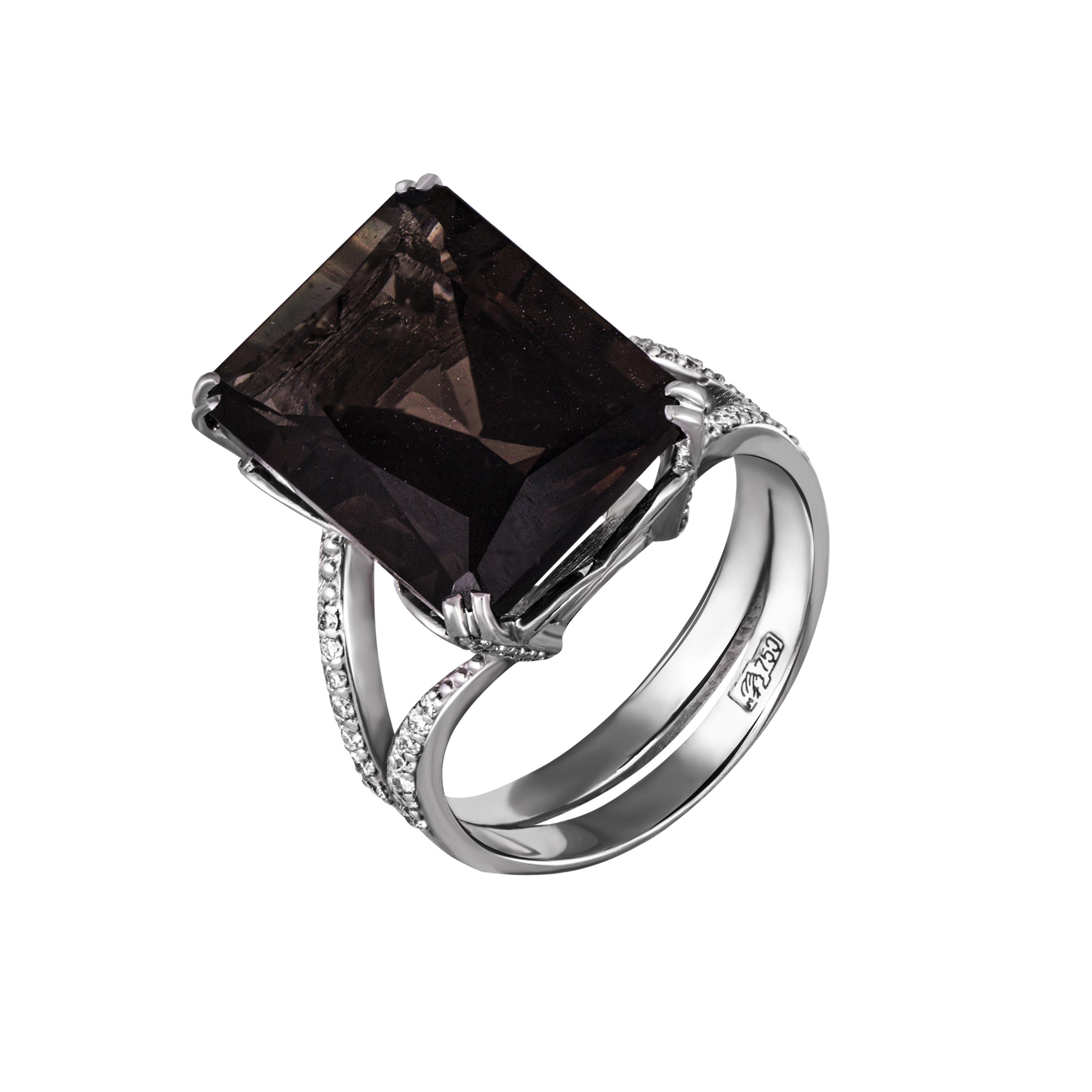 Золотое кольцо с дымчатым кварцем и бриллиантами 750 пробы 7.96 грамм